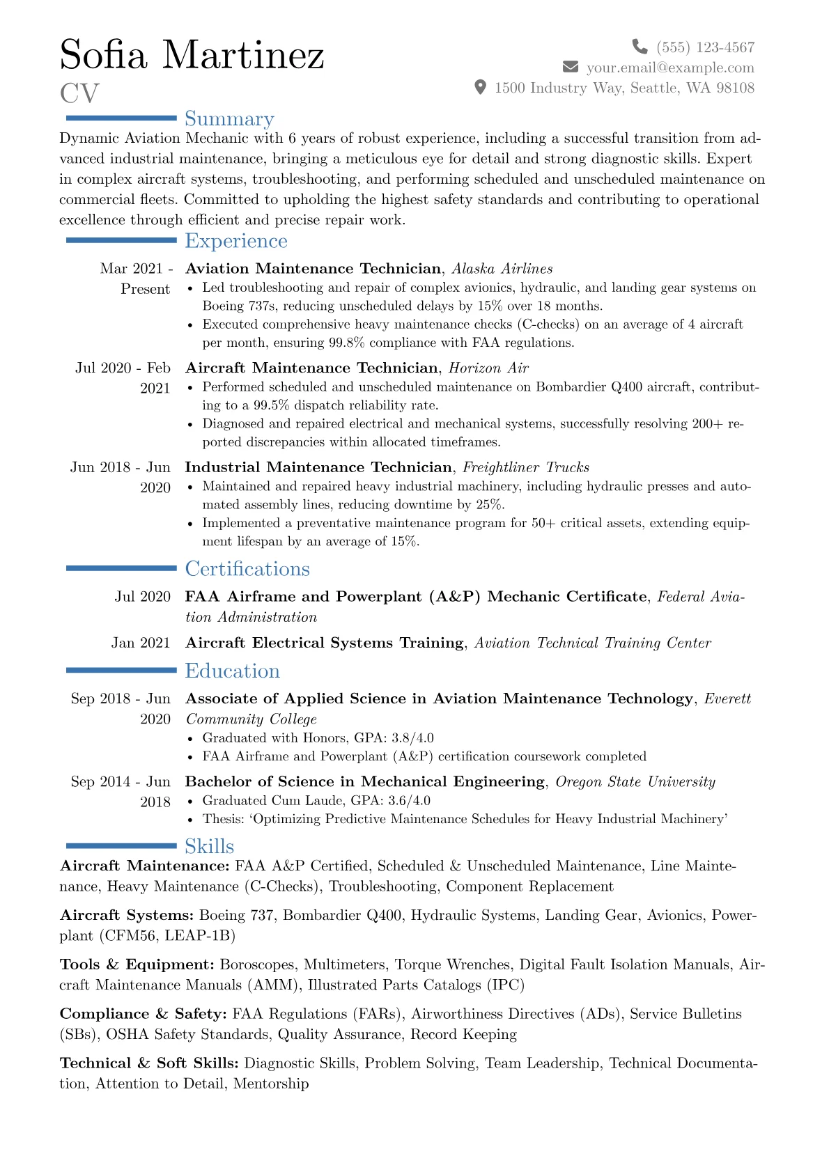 Aviation Mechanic resume example, Career changer, page 1