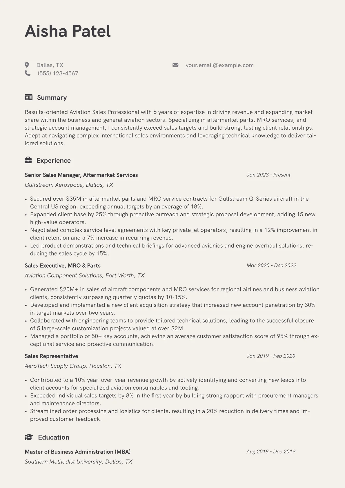 Aviation Sales Professional resume example, Aviation Sales, page 1