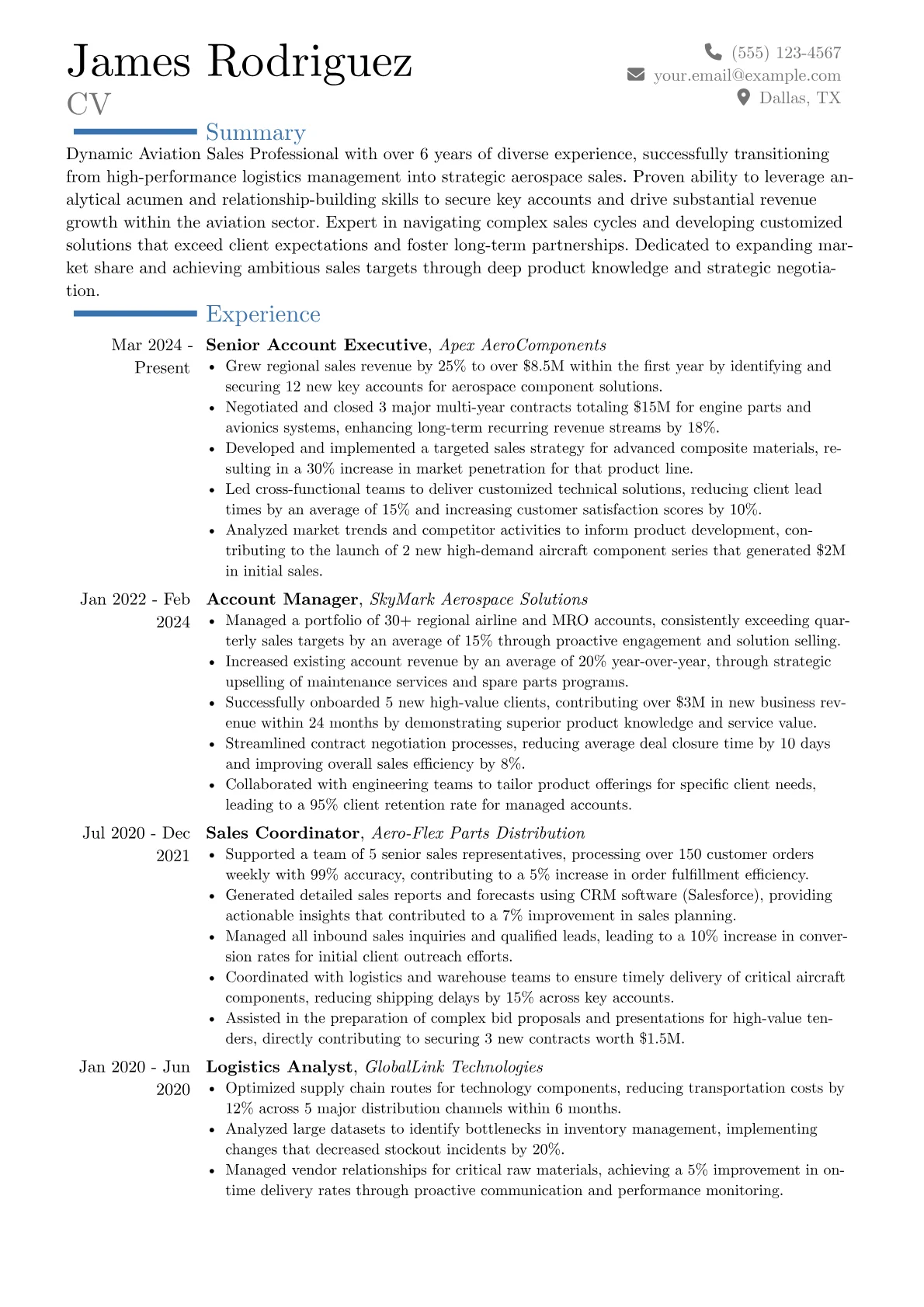 Aviation Sales Professional resume example, Career changer, page 1