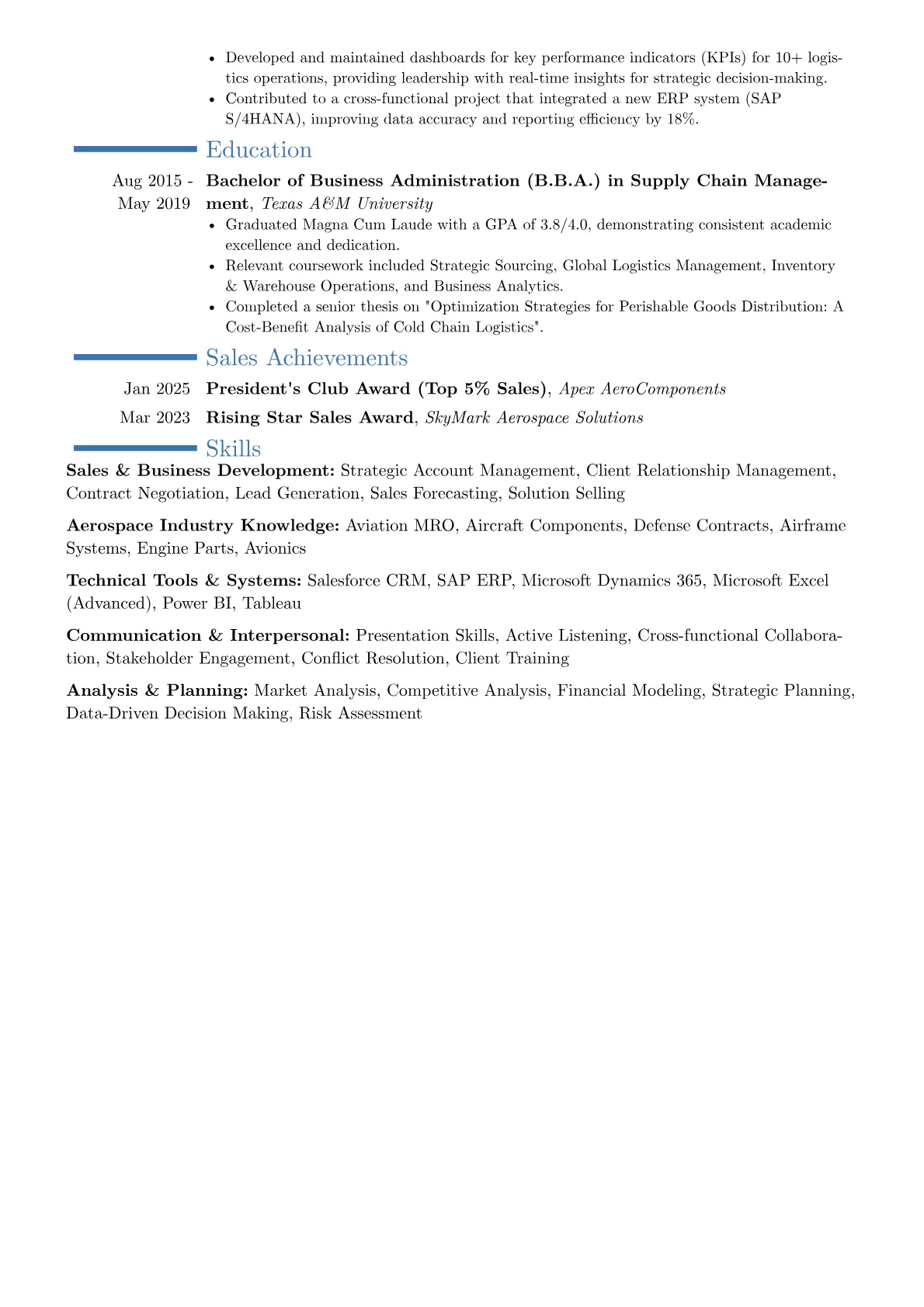 Aviation Sales Professional resume example, Career changer, page 2