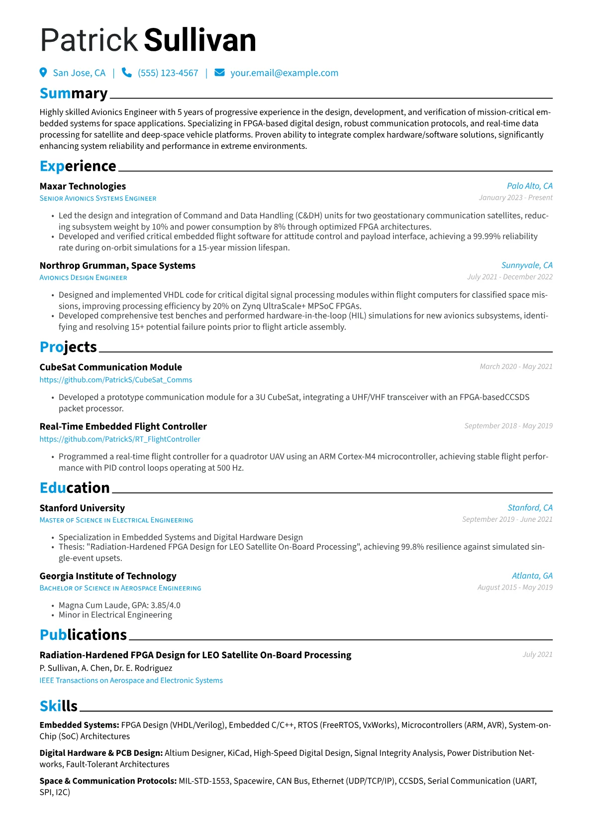 Avionics Engineer resume example, Avionics Engineer - Space, page 1