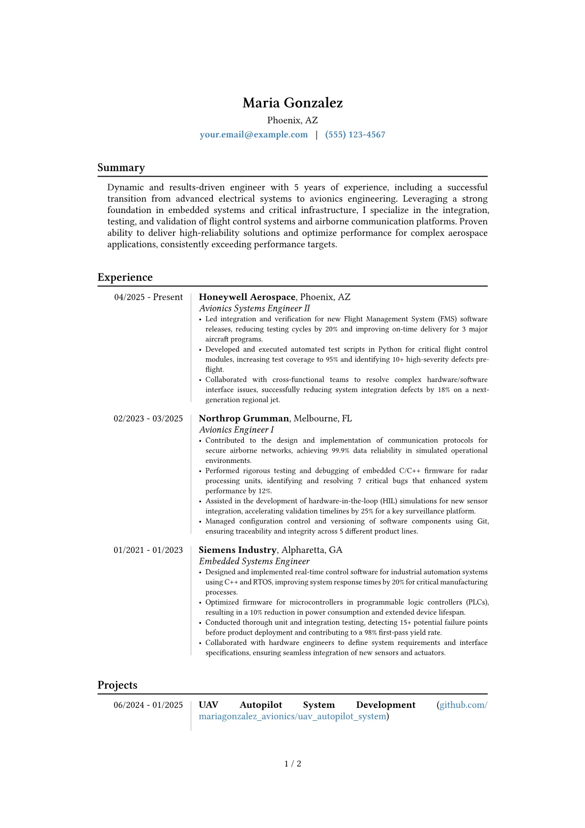 Avionics Engineer resume example, Career changer, page 1