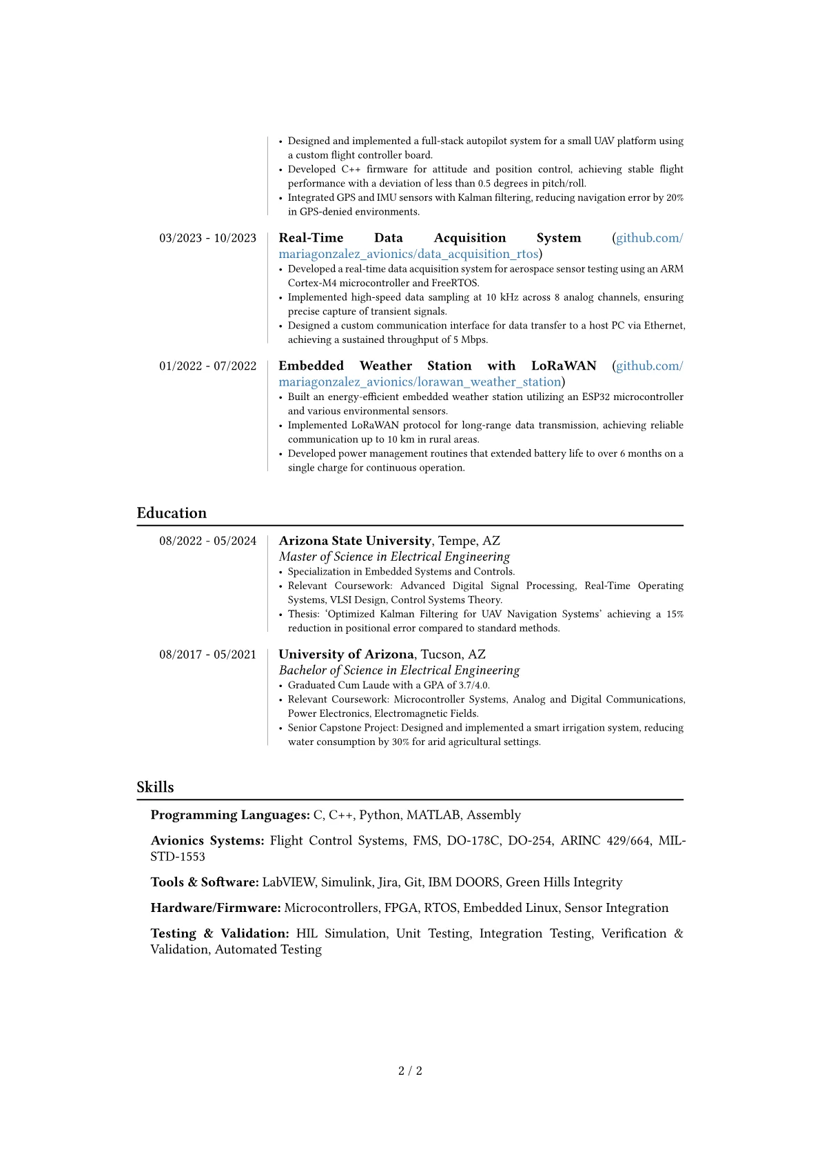 Avionics Engineer resume example, Career changer, page 2
