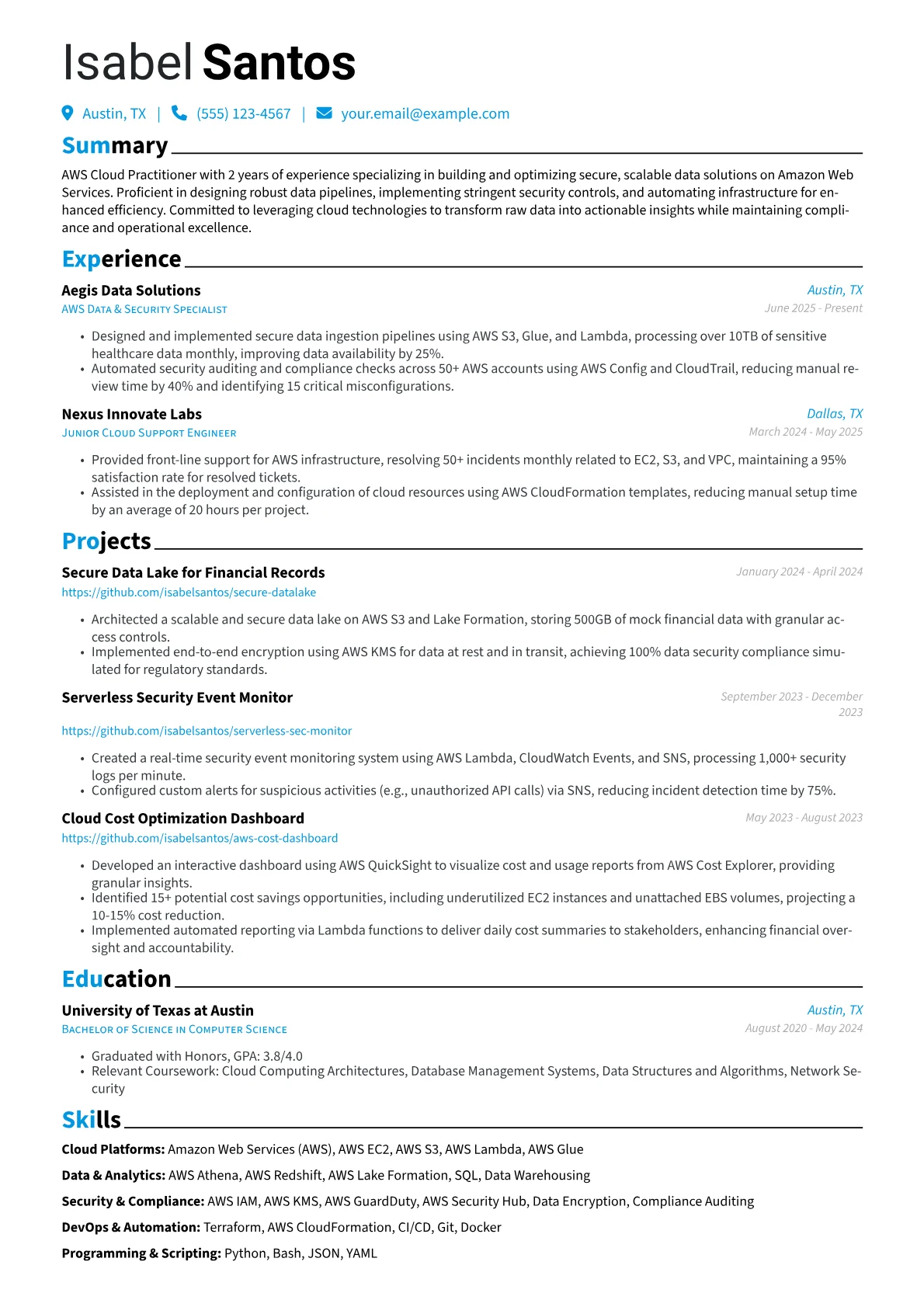 AWS Cloud Practitioner resume example, AWS Cloud Practitioner, page 1