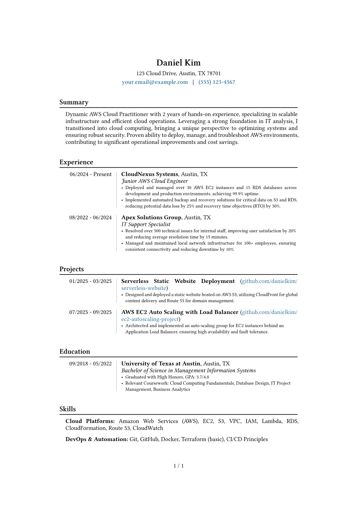 AWS Cloud Practitioner resume example, Career changer, page 1