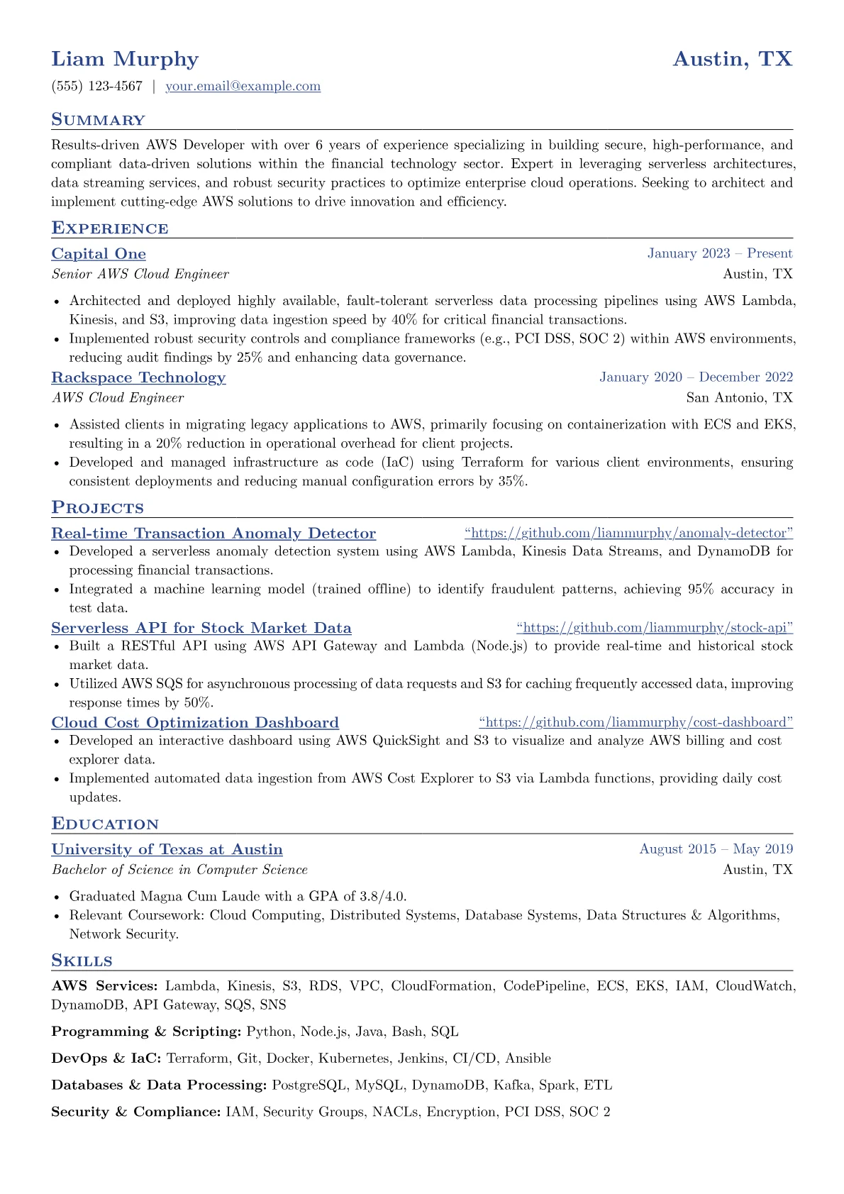 AWS Developer resume example, Fintech Data-Centric AWS, page 1