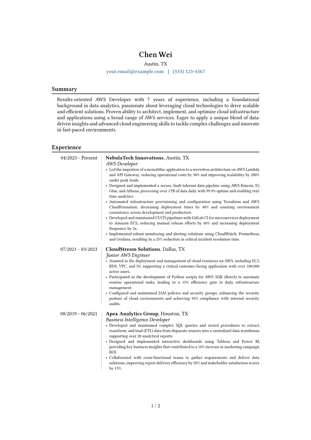AWS Developer resume example, Career changer, page 1