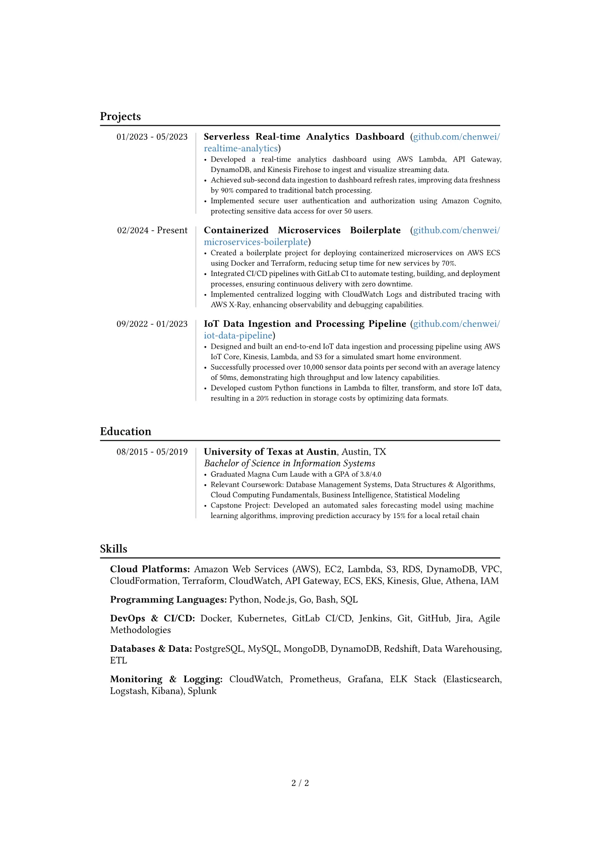 AWS Developer resume example, Career changer, page 2