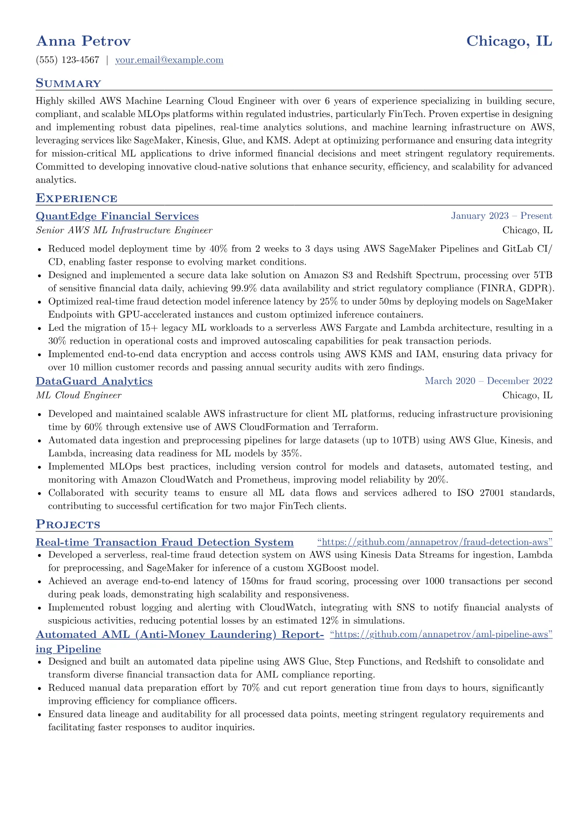 AWS Machine Learning Cloud Engineer resume example, FinTech ML Cloud Engineer, page 1