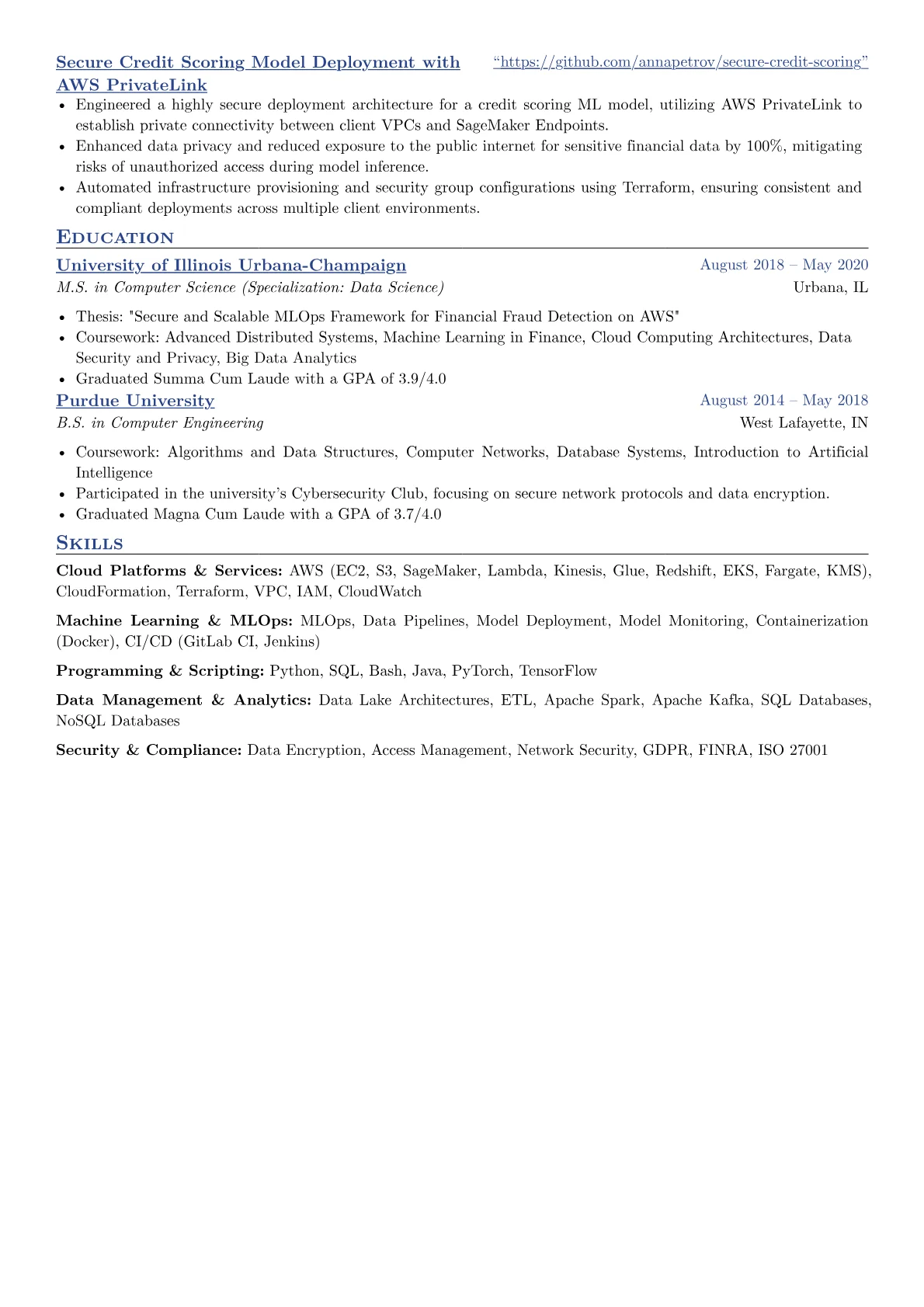 AWS Machine Learning Cloud Engineer Resume Examples (2026)