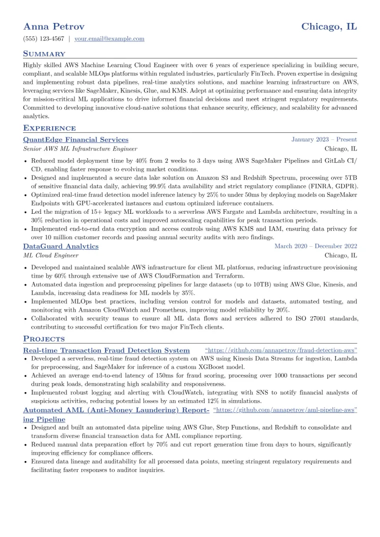 AWS Machine Learning Cloud Engineer Resume Examples (2026)