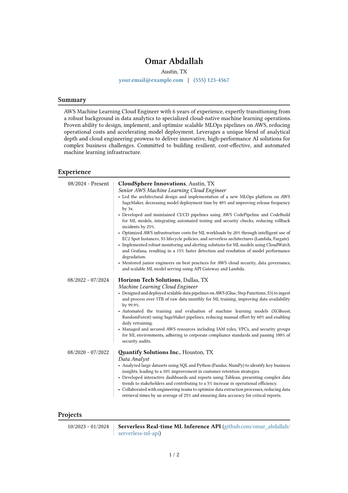 AWS Machine Learning Cloud Engineer resume example, Career changer, page 1