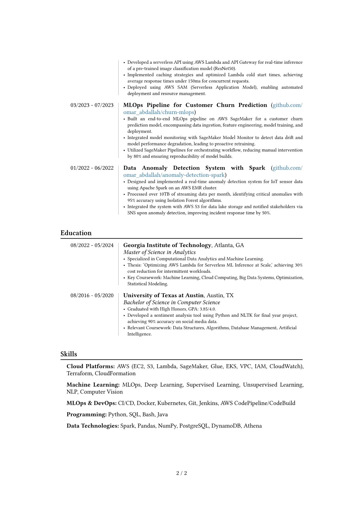 AWS Machine Learning Cloud Engineer resume example, Career changer, page 2