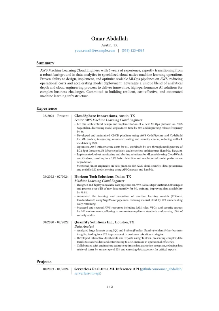 AWS Machine Learning Cloud Engineer Resume Examples (2026)