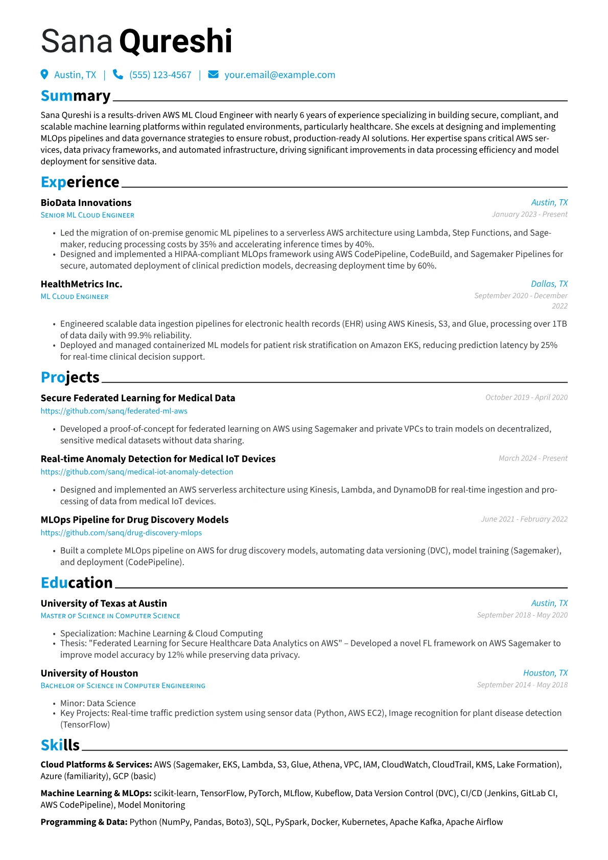 AWS ML Cloud Engineer resume example, AWS ML Cloud Engineer, page 1