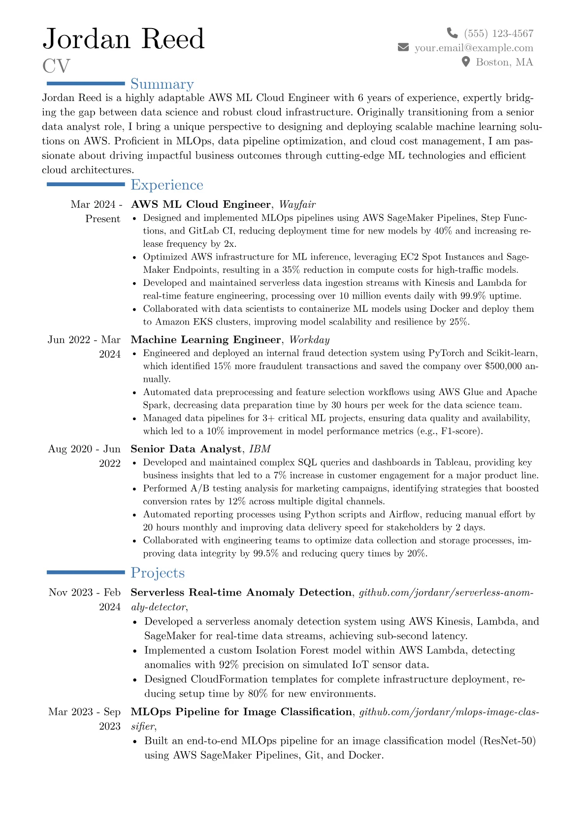 AWS ML Cloud Engineer resume example, Career changer, page 1