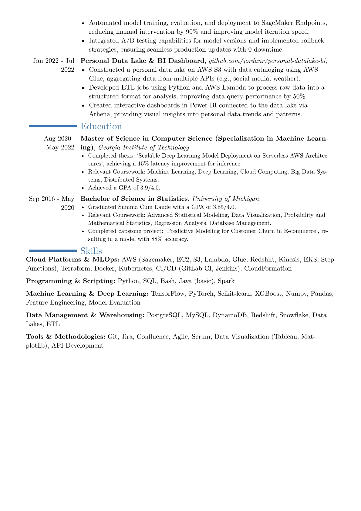AWS ML Cloud Engineer resume example, Career changer, page 2