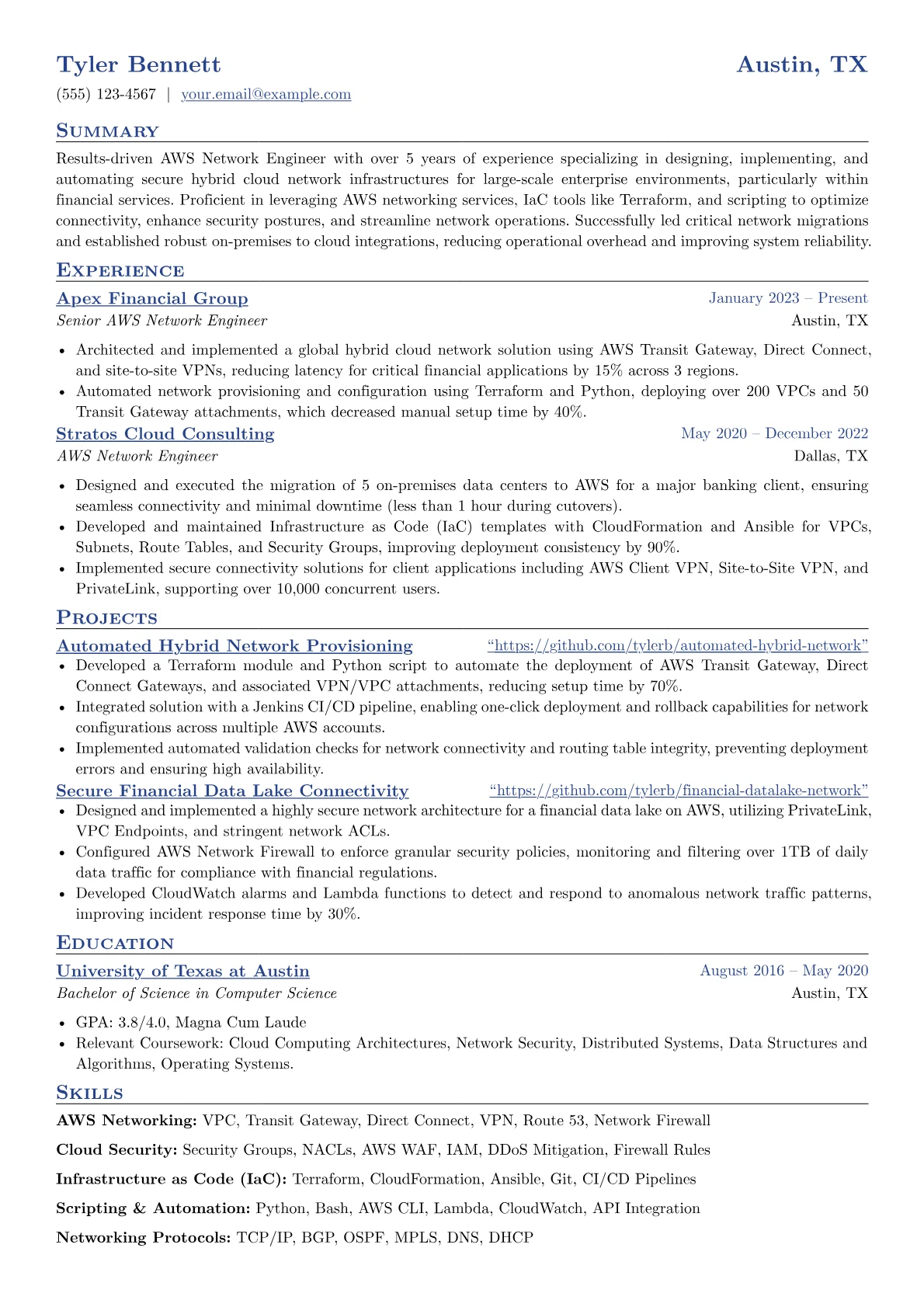 AWS Network Engineer resume example, AWS Network Engineer, page 1