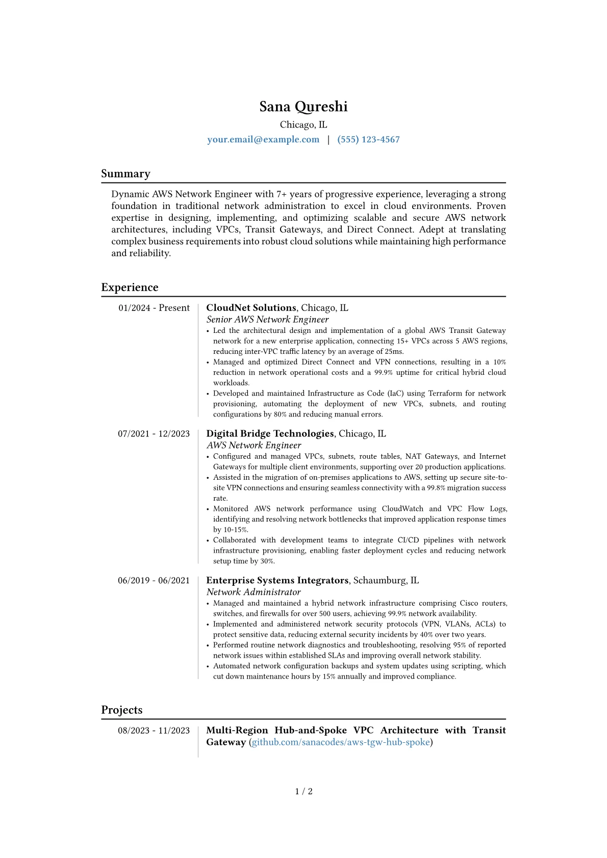 AWS Network Engineer resume example, Career changer, page 1