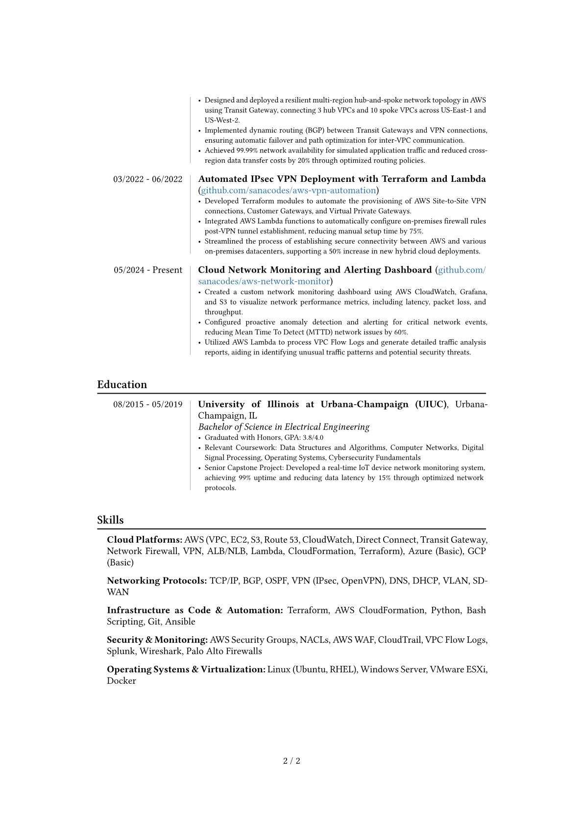 AWS Network Engineer resume example, Career changer, page 2