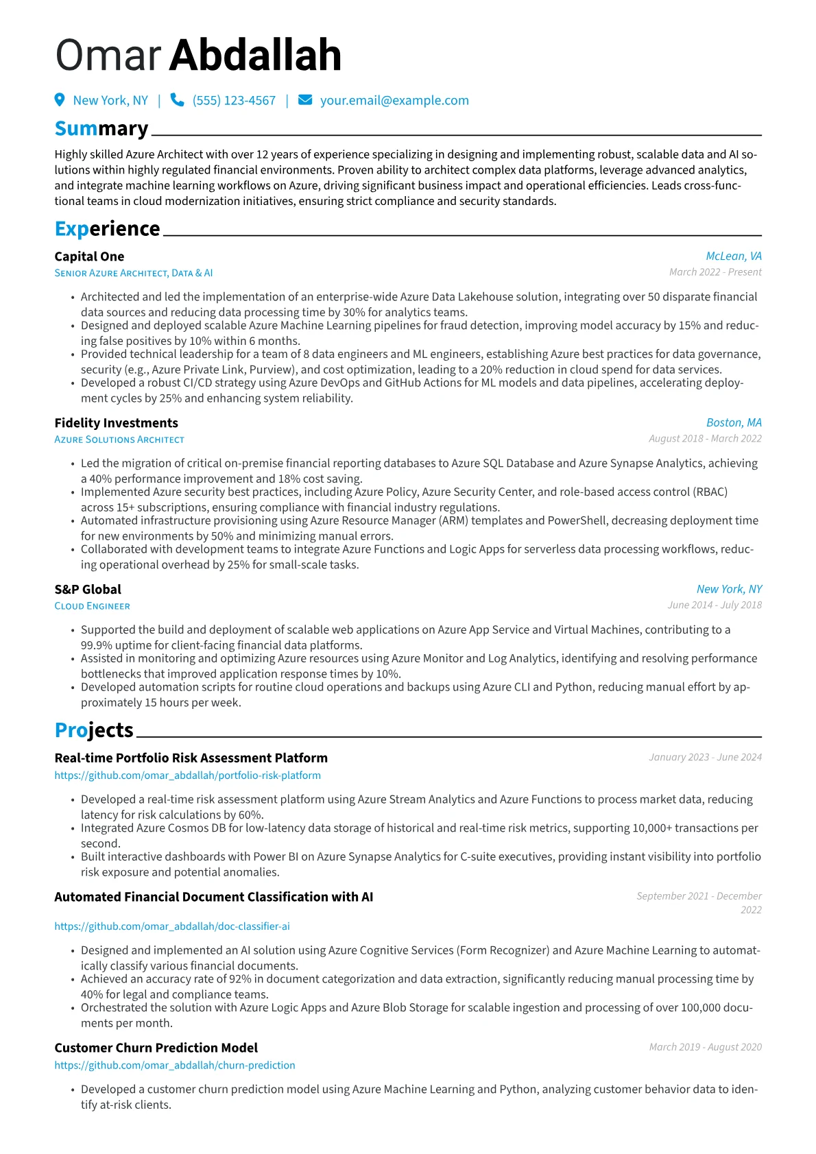 Azure Architect resume example, Azure Architect, page 1