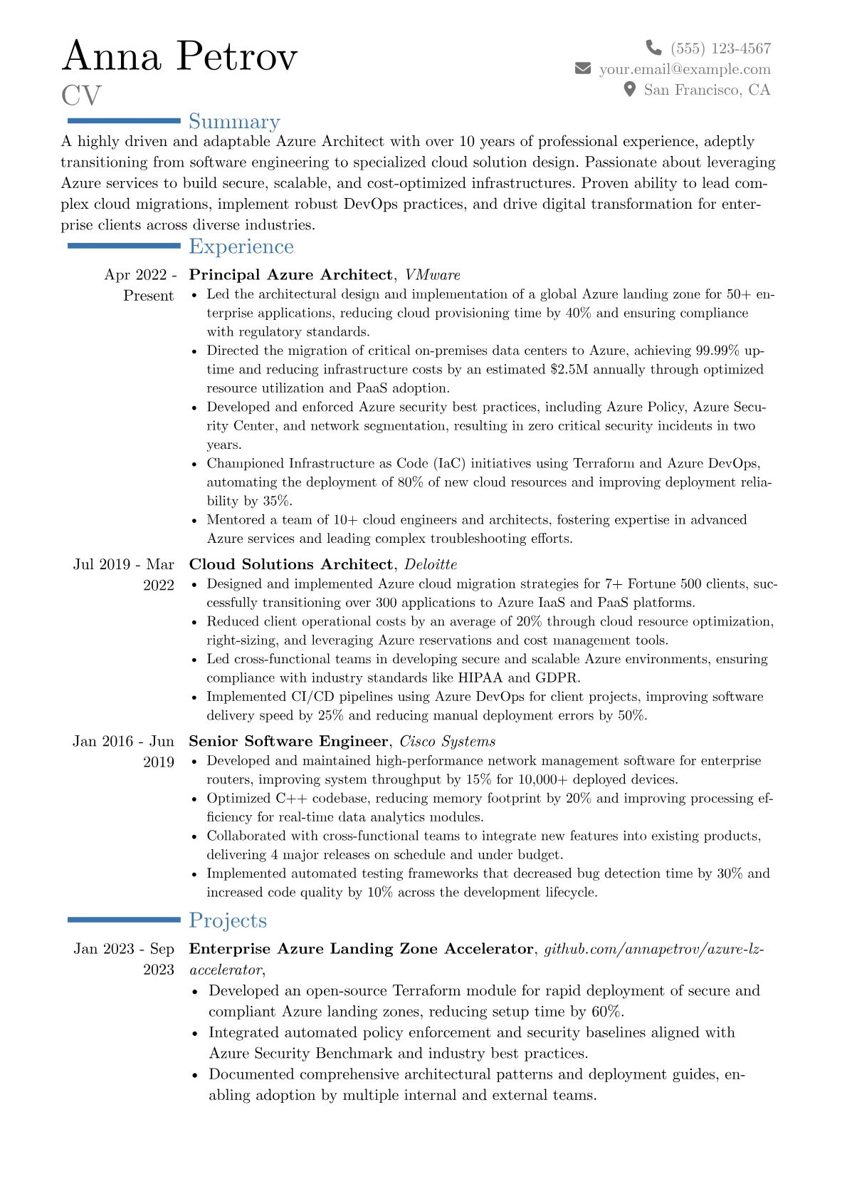 Azure Architect resume example, Career changer, page 1