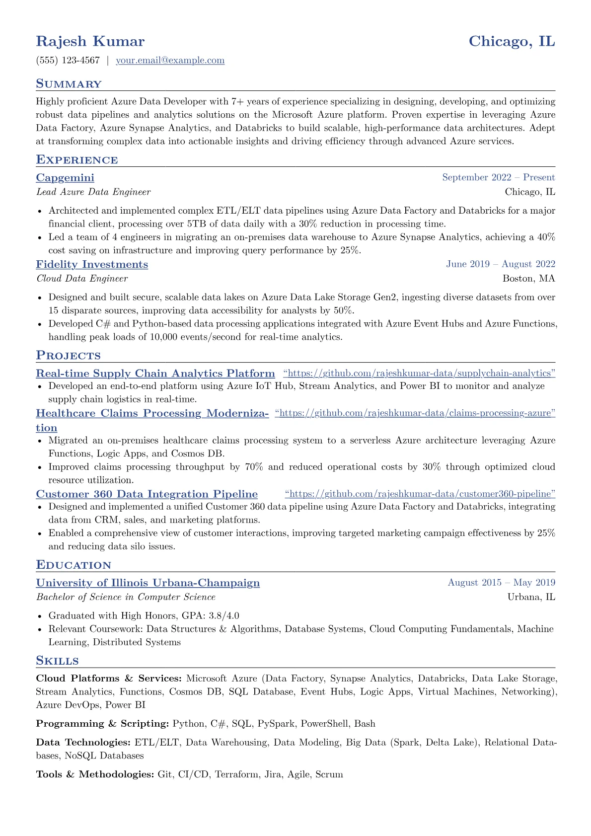 Azure Developer resume example, Azure Data Engineering, page 1