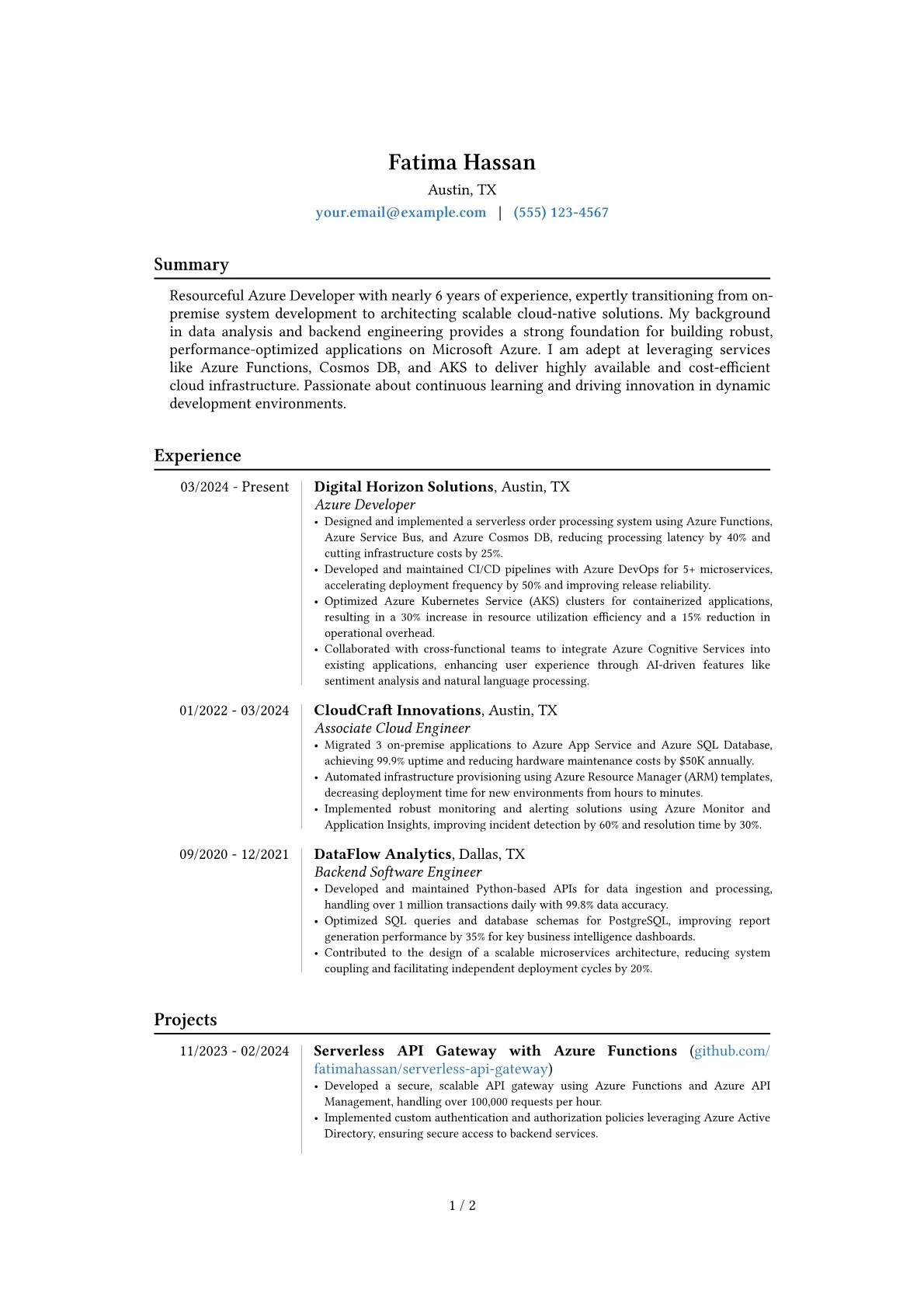 Azure Developer resume example, Career changer, page 1
