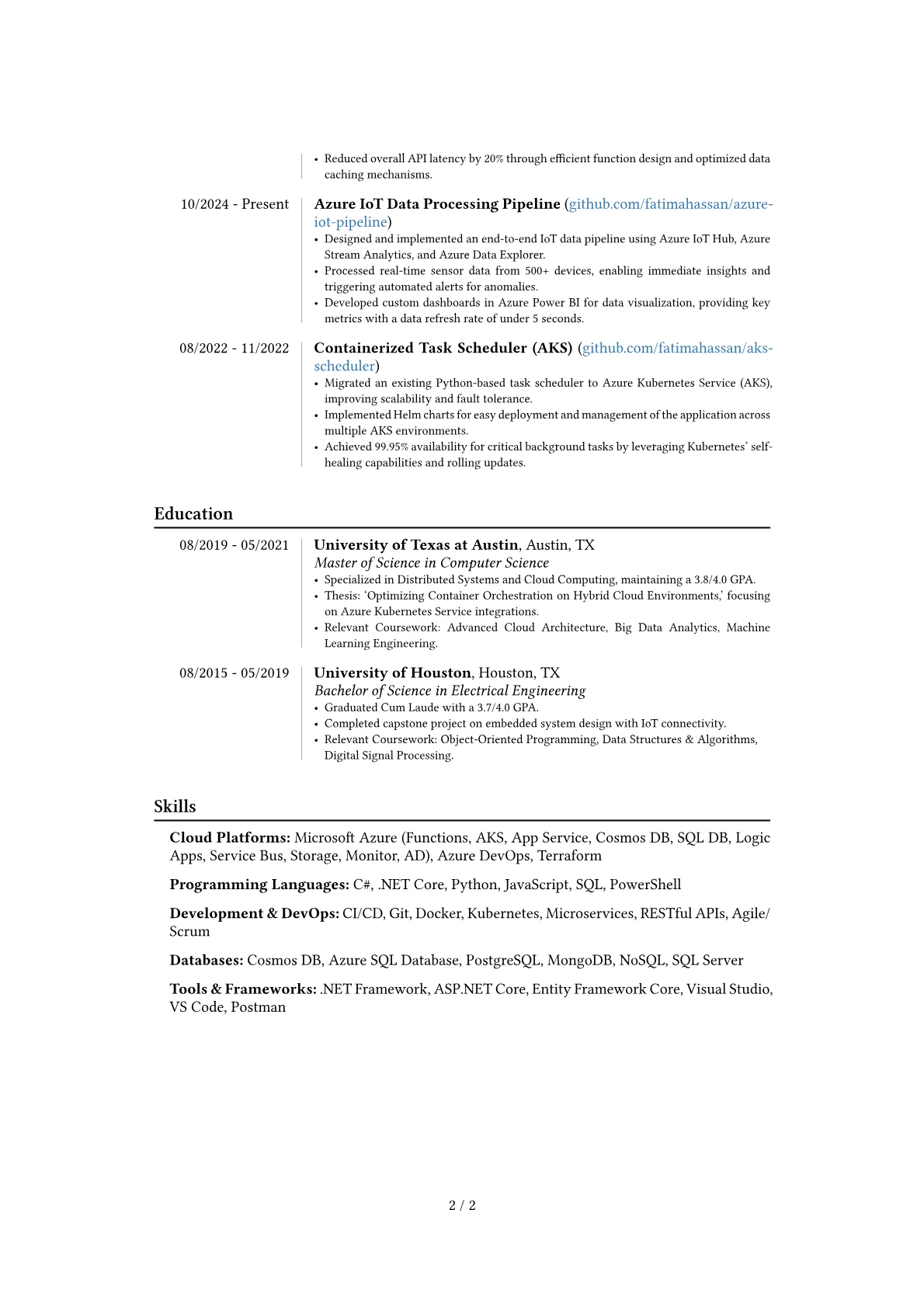Azure Developer resume example, Career changer, page 2