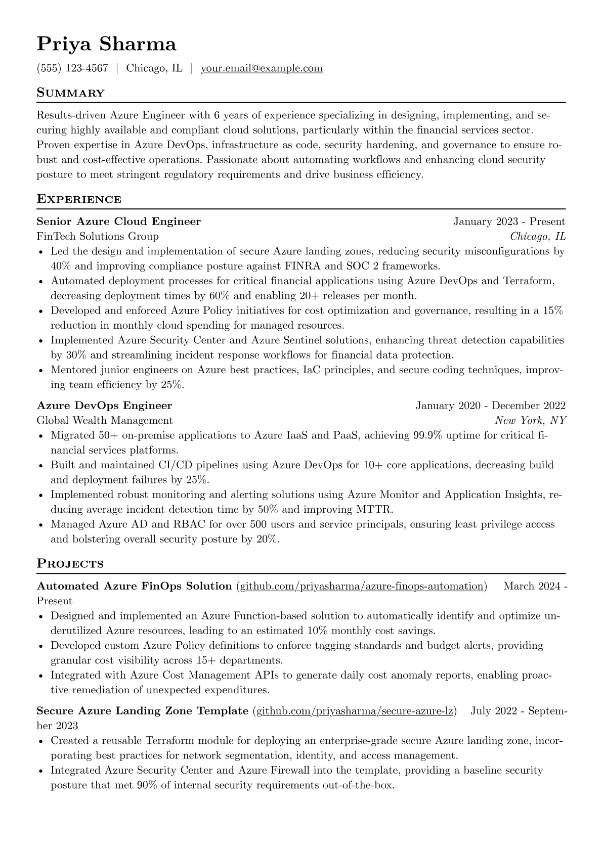 Azure Engineer resume example, Azure DevOps & Security, page 1