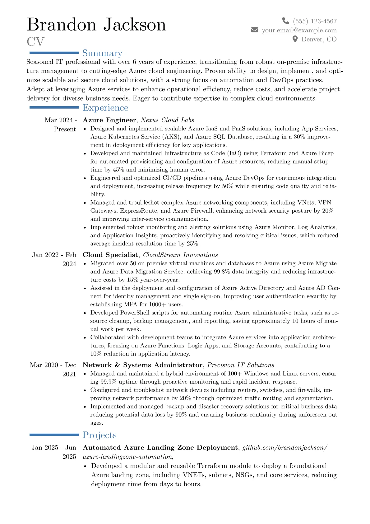 Azure Engineer resume example, Career changer, page 1