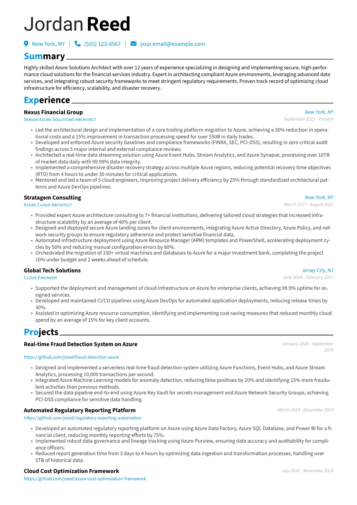 Azure Solutions Architect resume example, Azure FinTech Architect, page 1