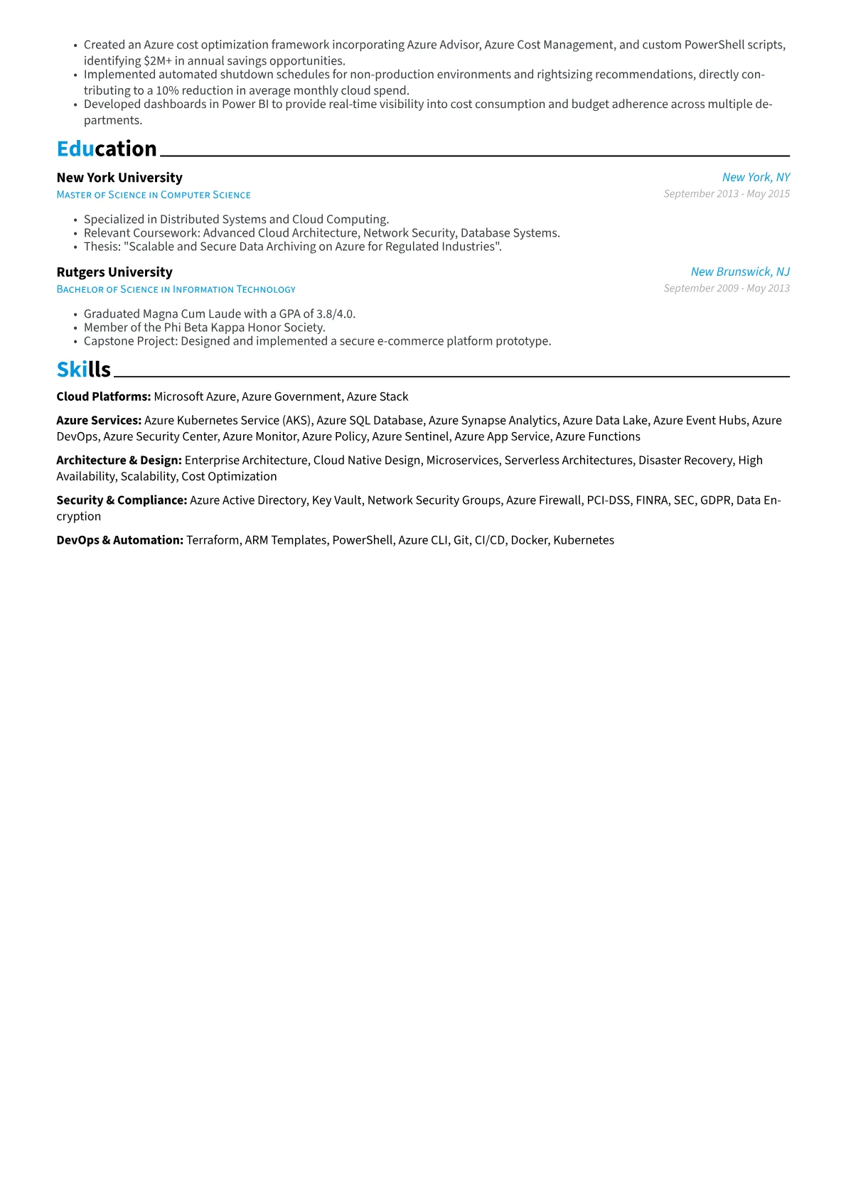 Azure Solutions Architect resume example, Azure FinTech Architect, page 2