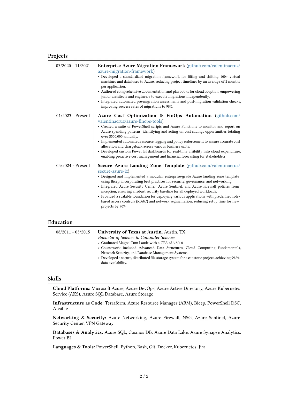 Azure Solutions Architect resume example, Career changer, page 2