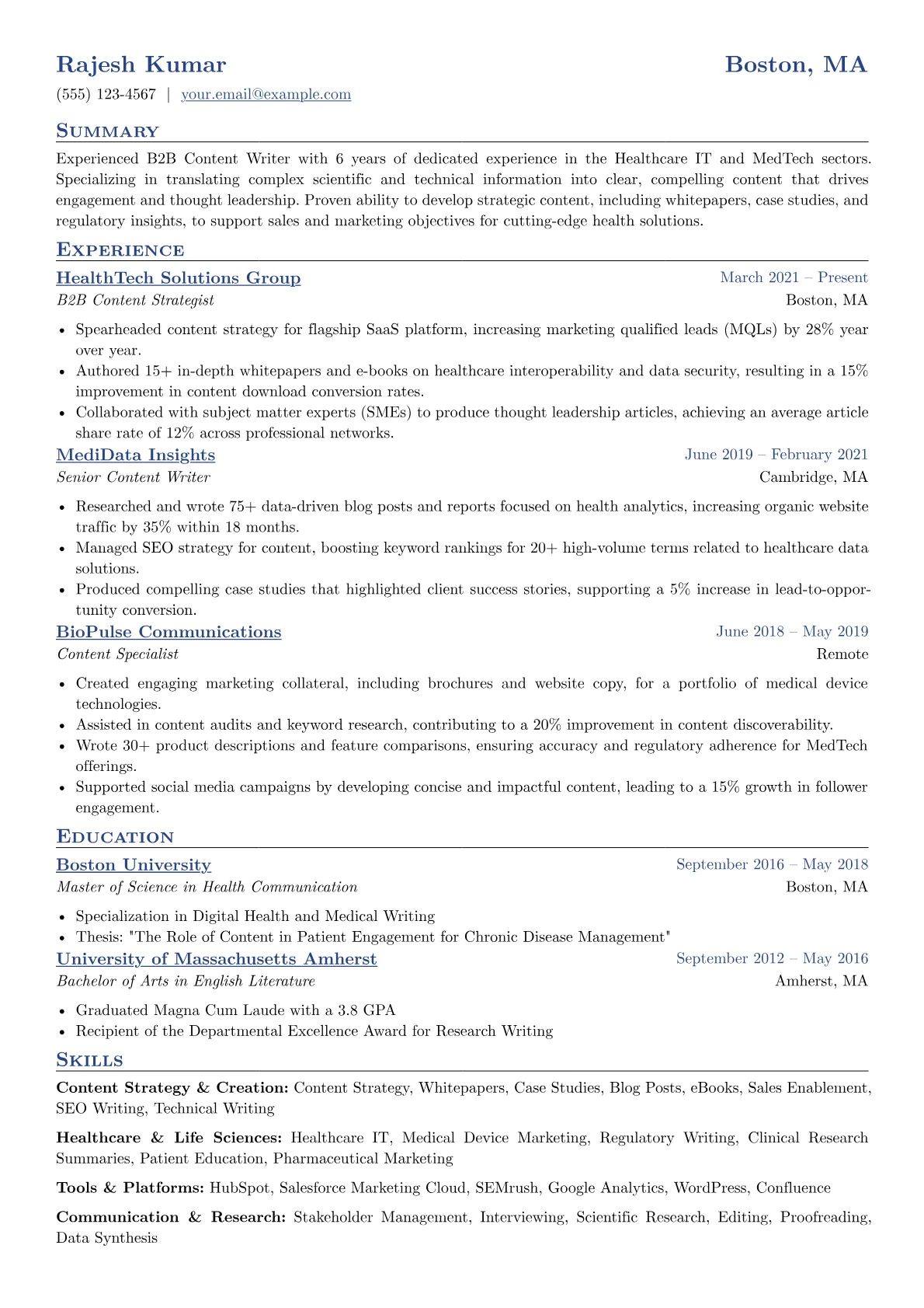 B2B Content Writer resume example, Healthcare IT Specialist, page 1