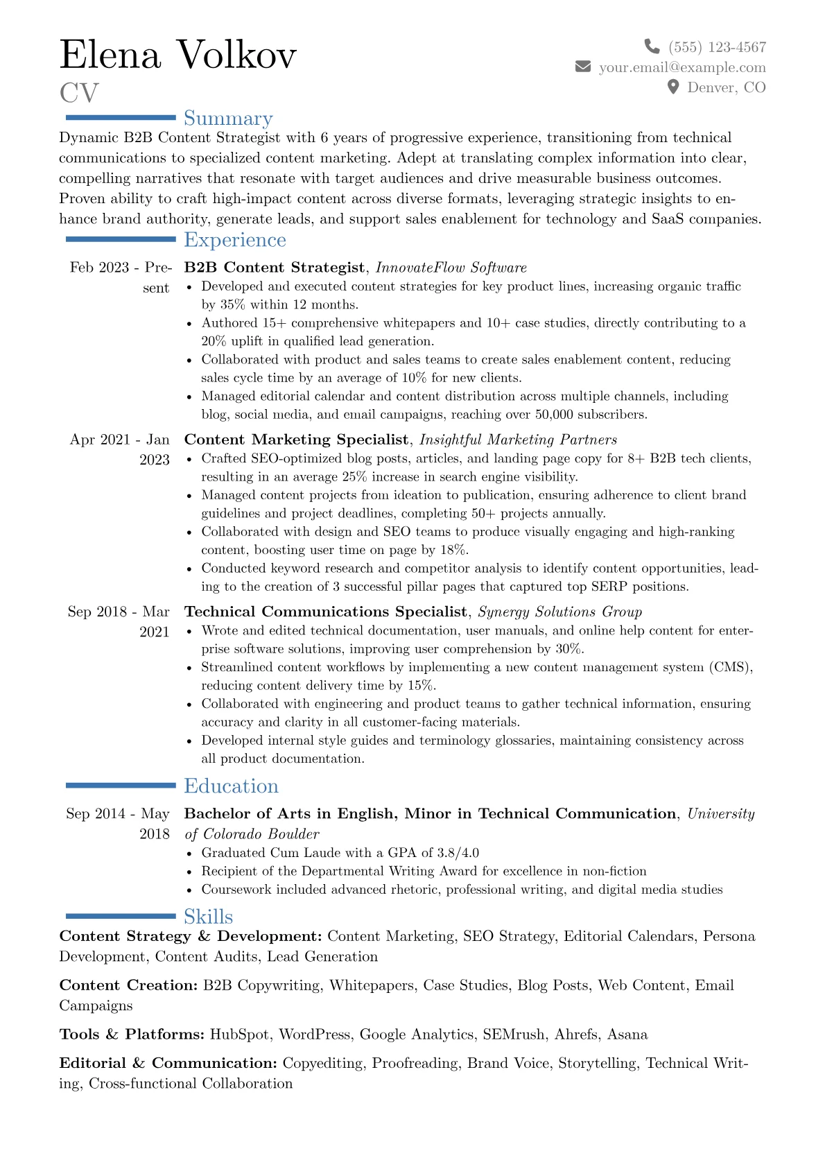 B2B Content Writer resume example, Career changer, page 1