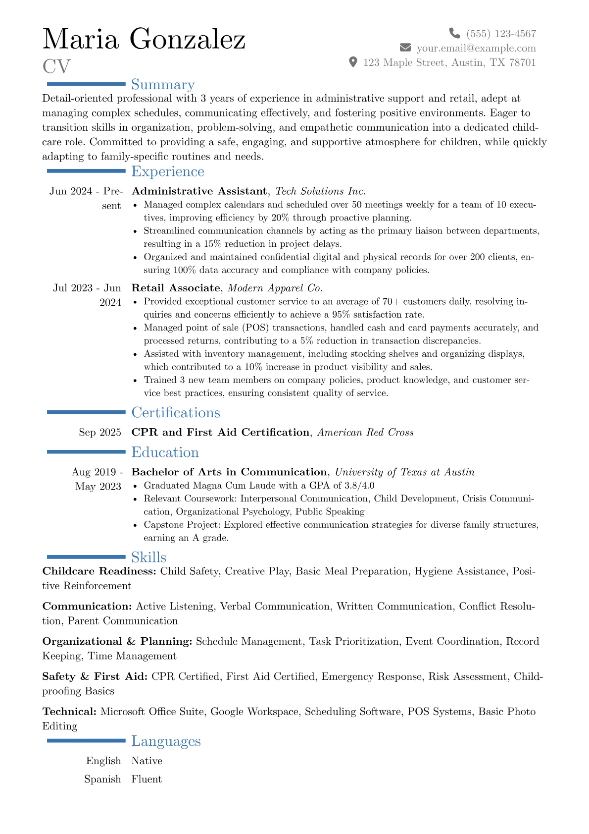 Babysitter No Experience resume example, Career changer, page 1