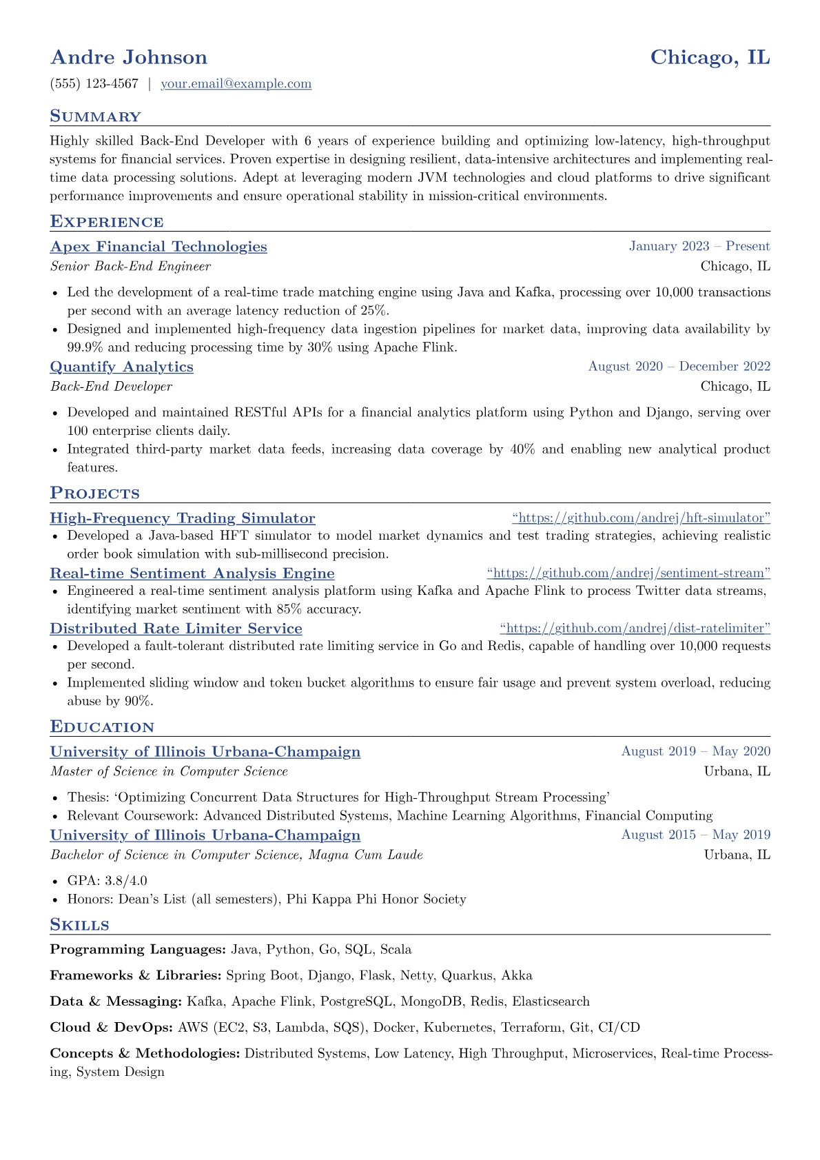Back-End Developer resume example, Programming Languages, page 1