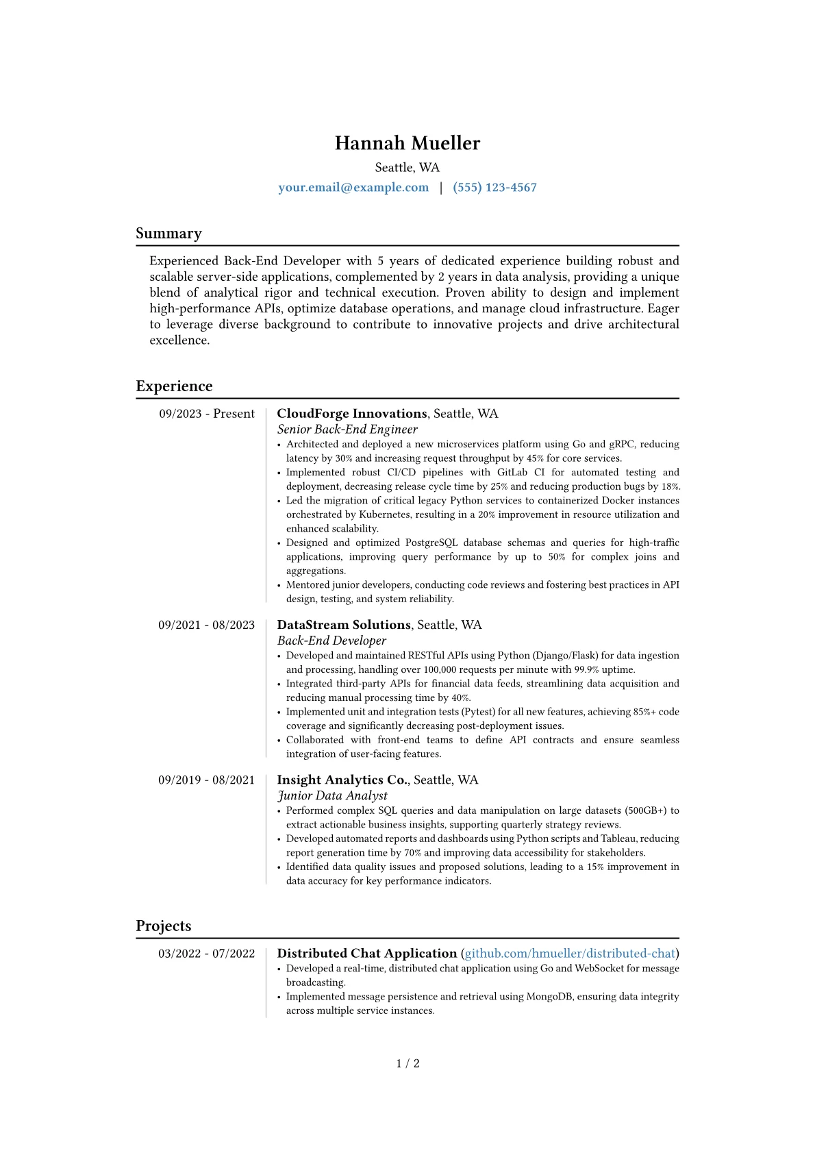 Back-End Developer resume example, Career changer, page 1