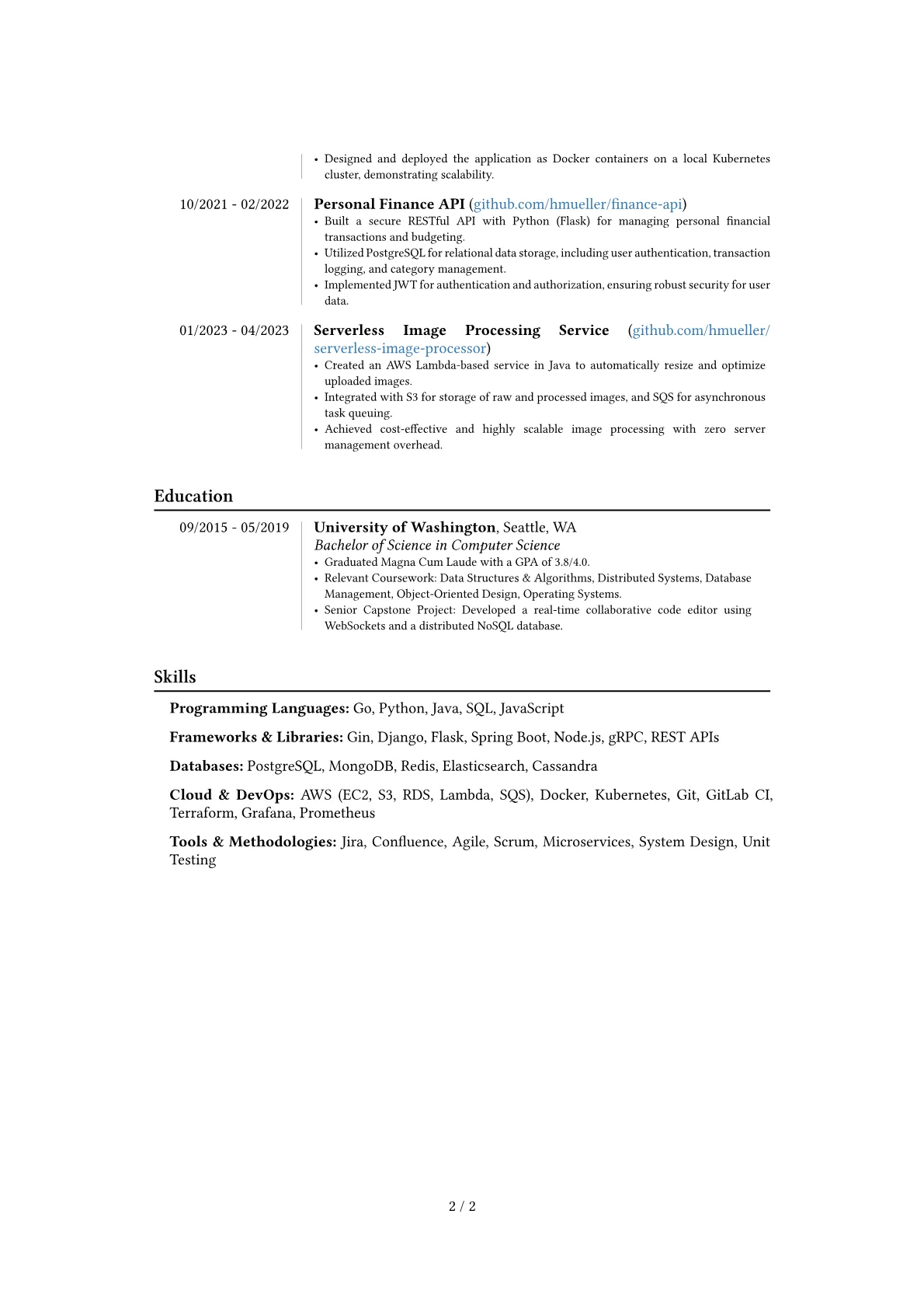 Back-End Developer resume example, Career changer, page 2