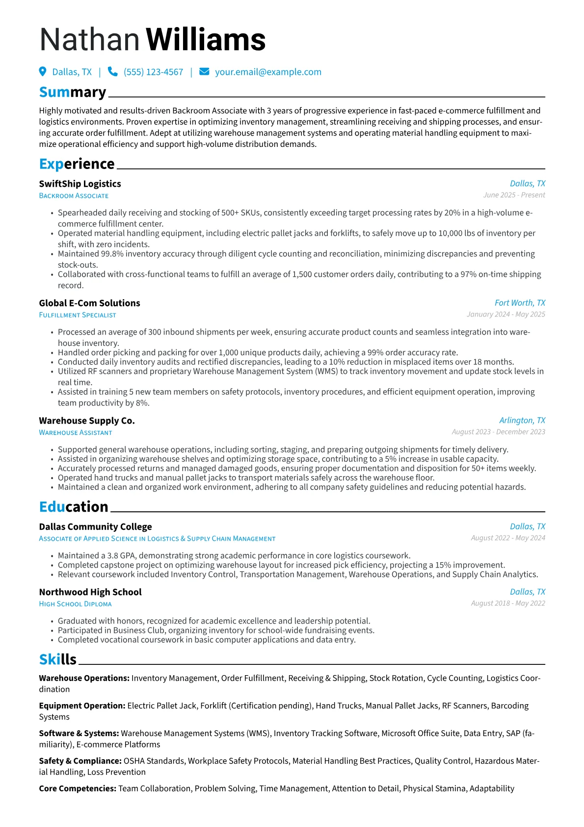 Backroom Associate resume example, E-commerce Fulfillment, page 1