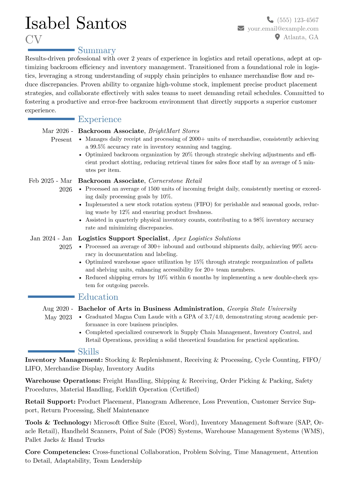 Backroom Associate resume example, Career changer, page 1
