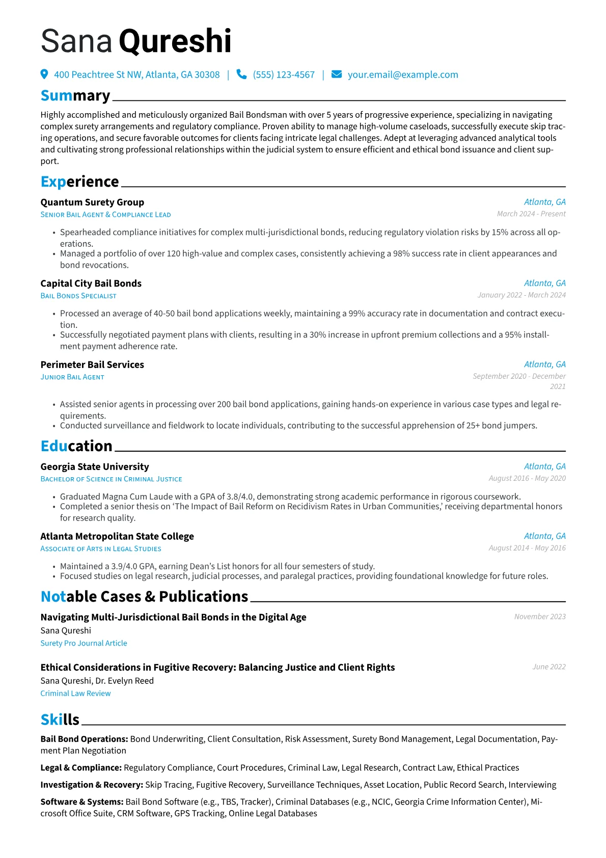 Bail Bondsman resume example, Bail Bond Operations, page 1