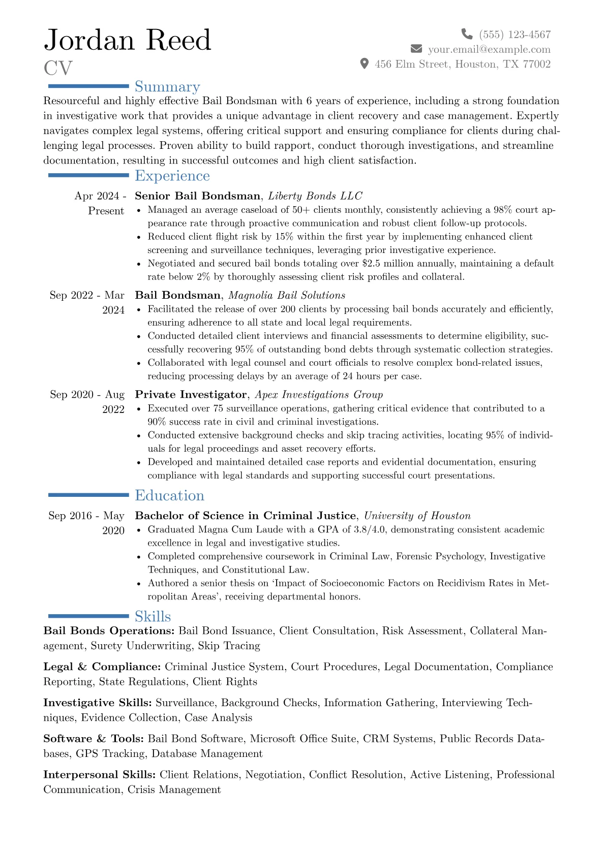 Bail Bondsman resume example, Career changer, page 1