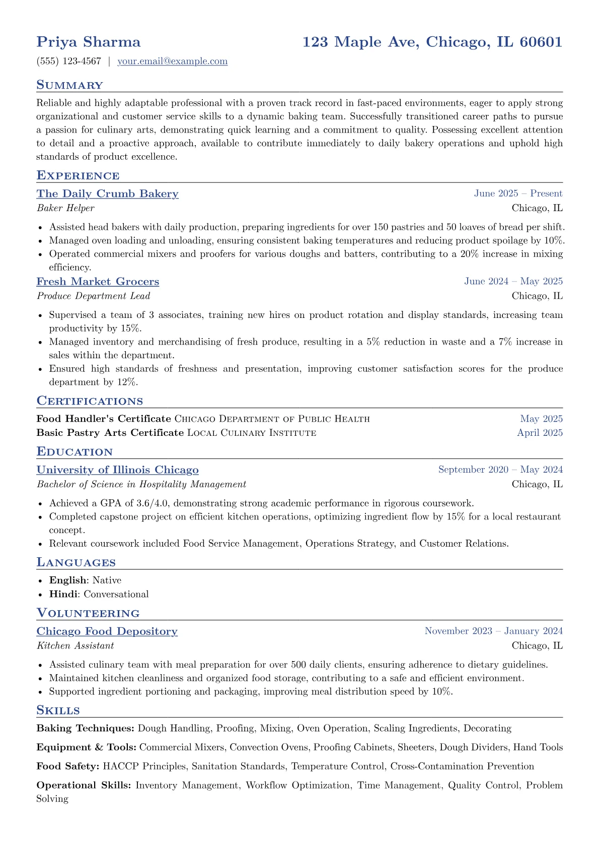 Baker Helper resume example, Career changer, page 1