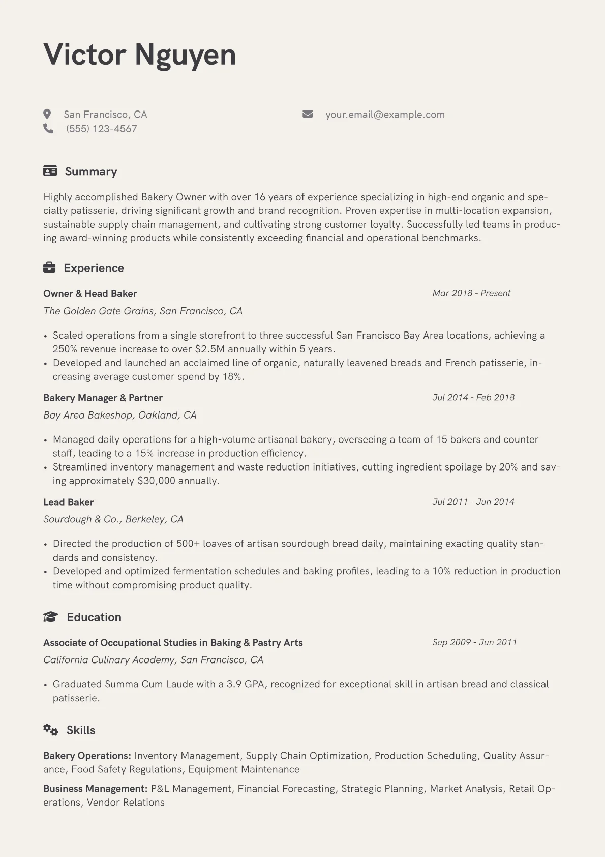 Bakery Owner resume example, Bakery Owner - Specialty, page 1