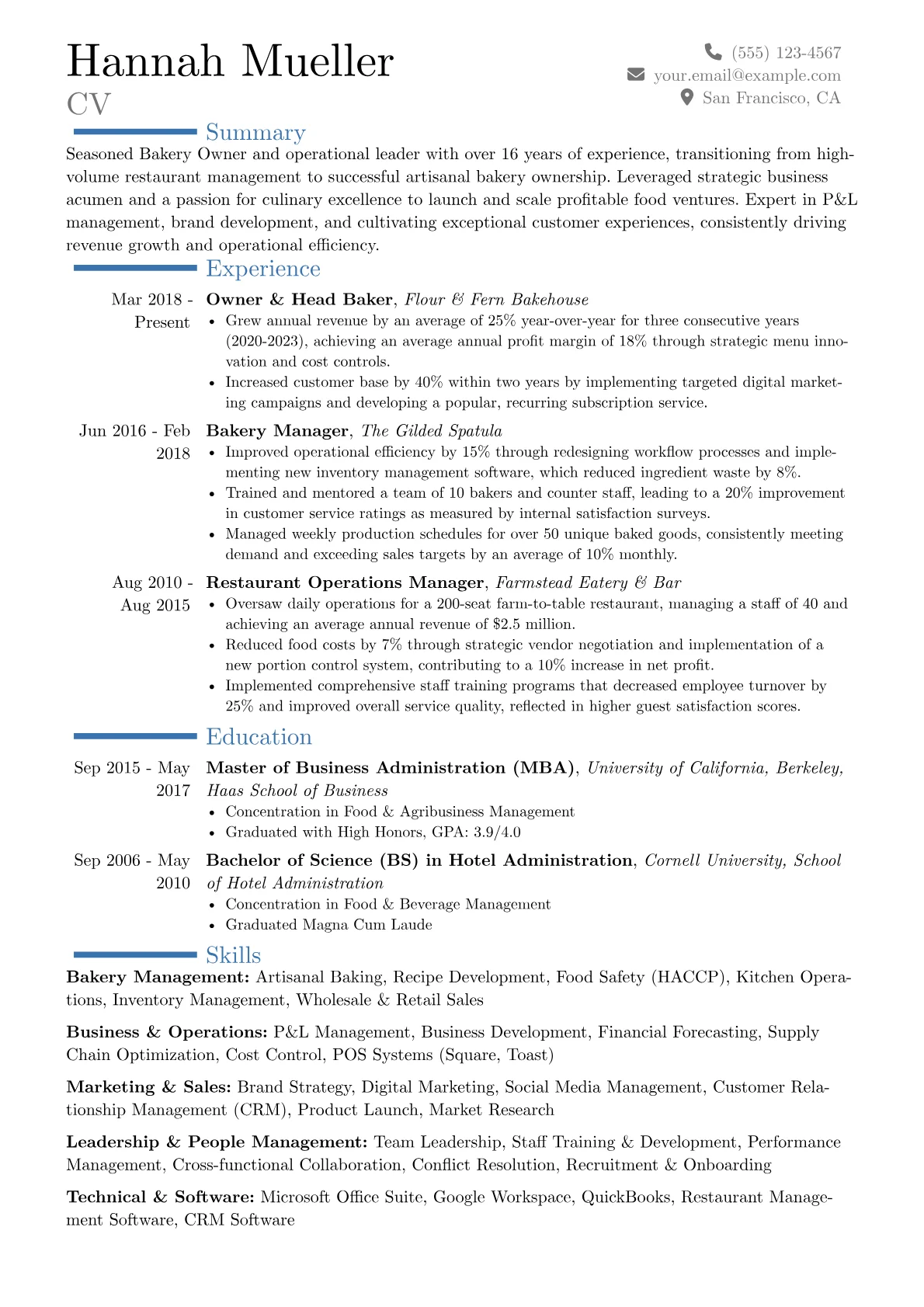 Bakery Owner resume example, Career changer, page 1