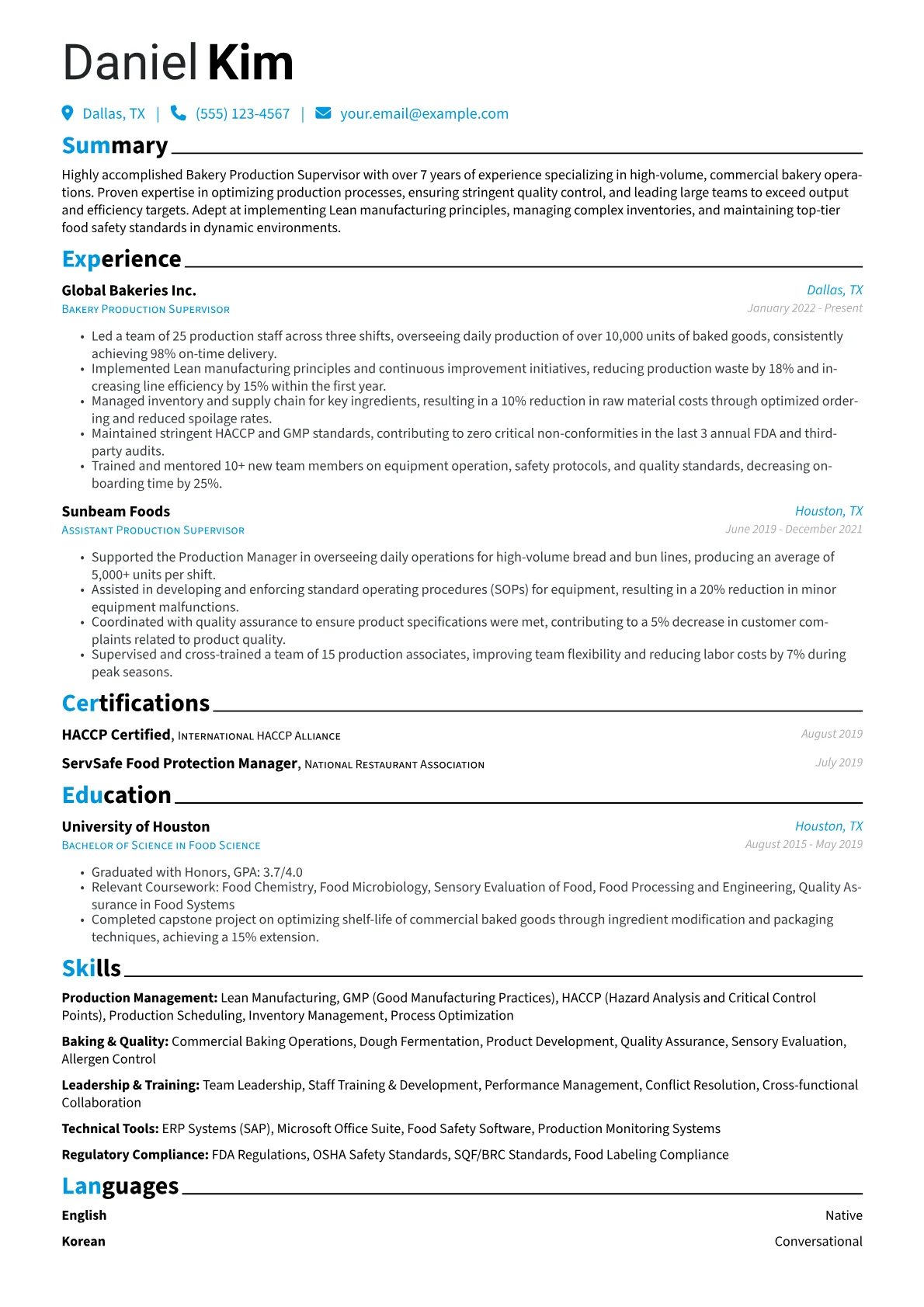 Bakery Supervisor resume example, Commercial Bakery, page 1