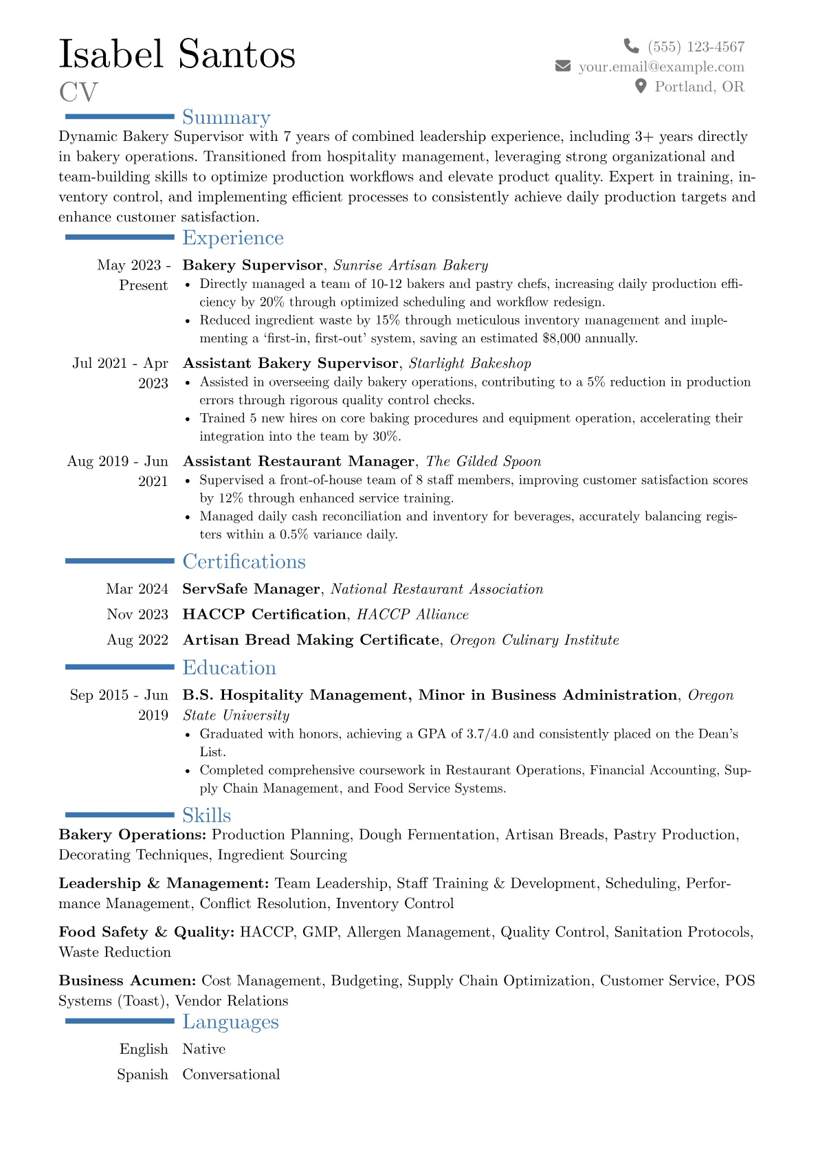 Bakery Supervisor resume example, Career changer, page 1