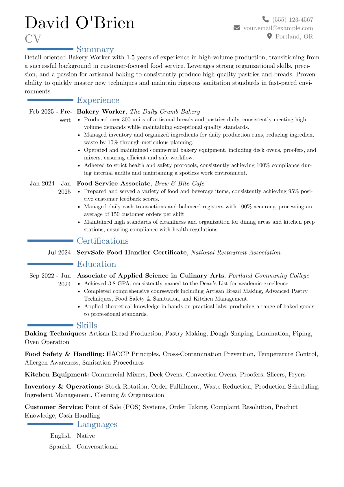 Bakery Worker resume example, Career changer, page 1